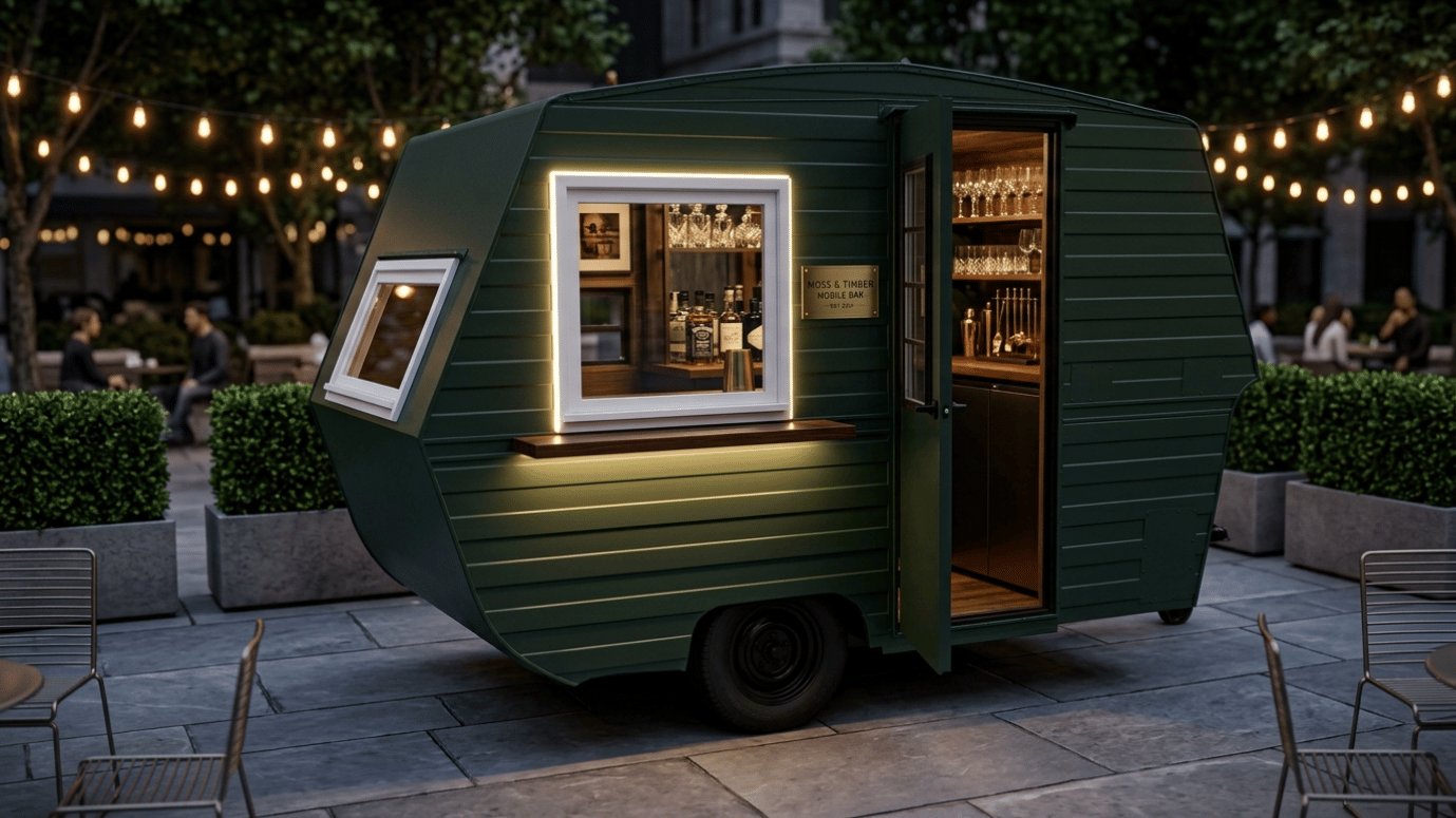 "The Emerald" trailer parked outside in morning light