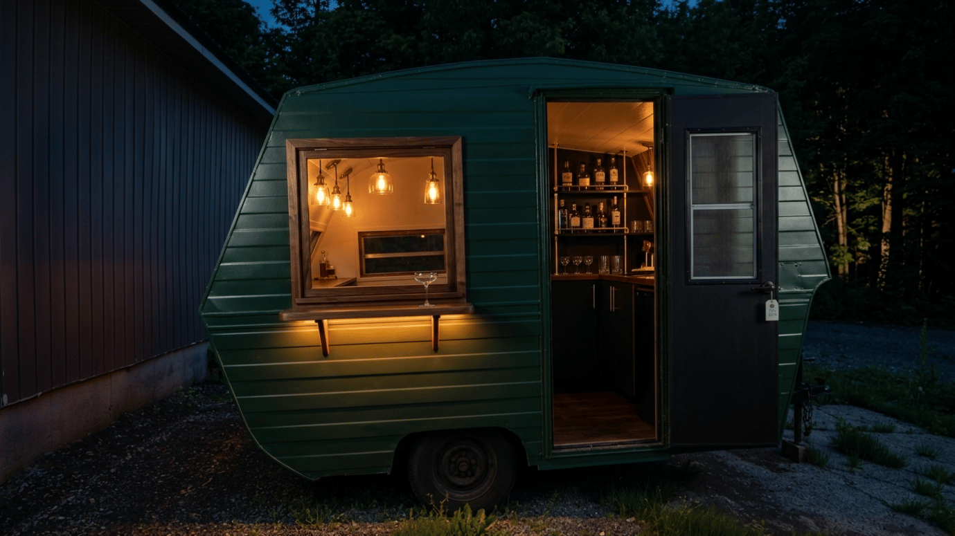 Amber LED lighting on vintage trailer contours at night